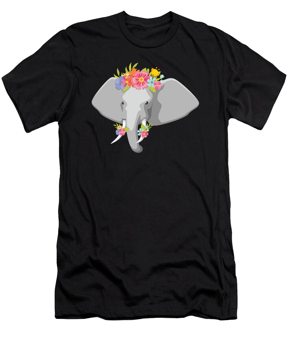 Elephant T-Shirt featuring the digital art Elephant Head Flowers Children Elephant by Moon Tees
