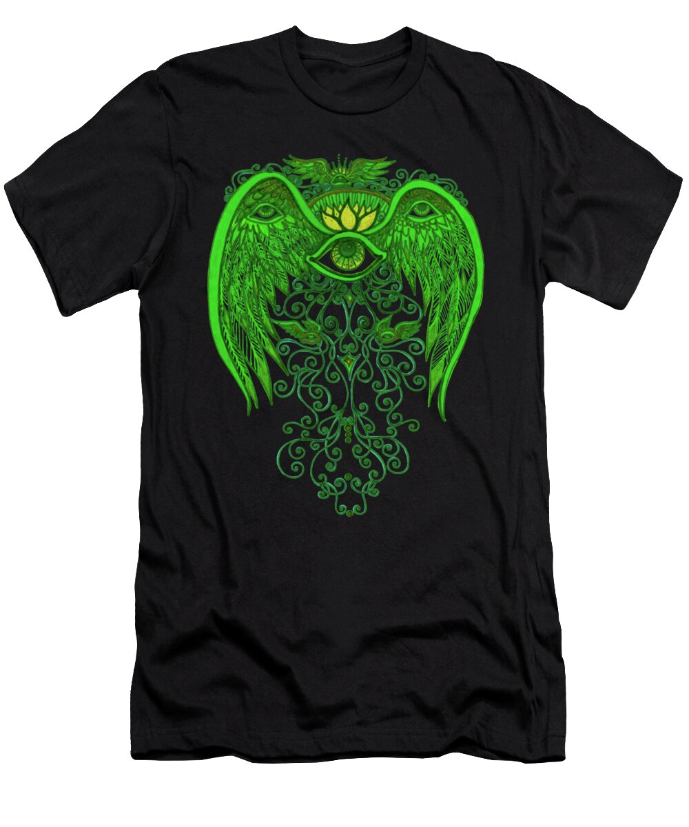 Eye T-Shirt featuring the drawing Ethereal Eyed Wings in Greens by Katherine Nutt