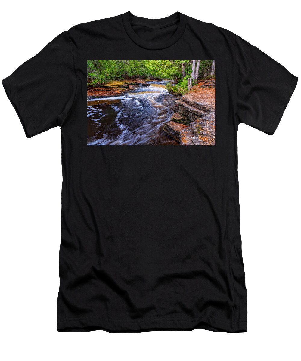 Michigan Waterfall T-Shirt featuring the photograph Fallen Leaves Near Falling Water by Peg Runyan