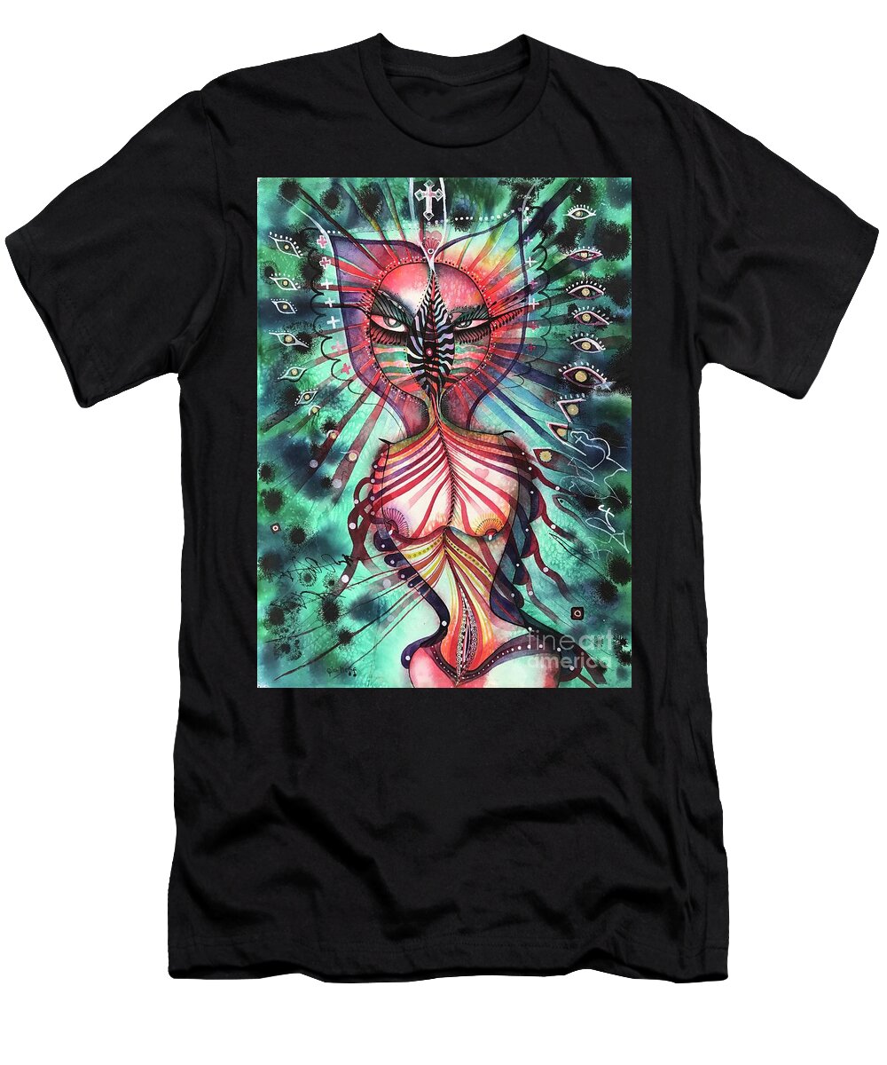 #felinegalaxygoddess #watercolor #painting #iconseries #fantasyart #alienart #symbolicart #cosmicart T-Shirt featuring the painting Feline Galaxy Goddess by Glen Neff