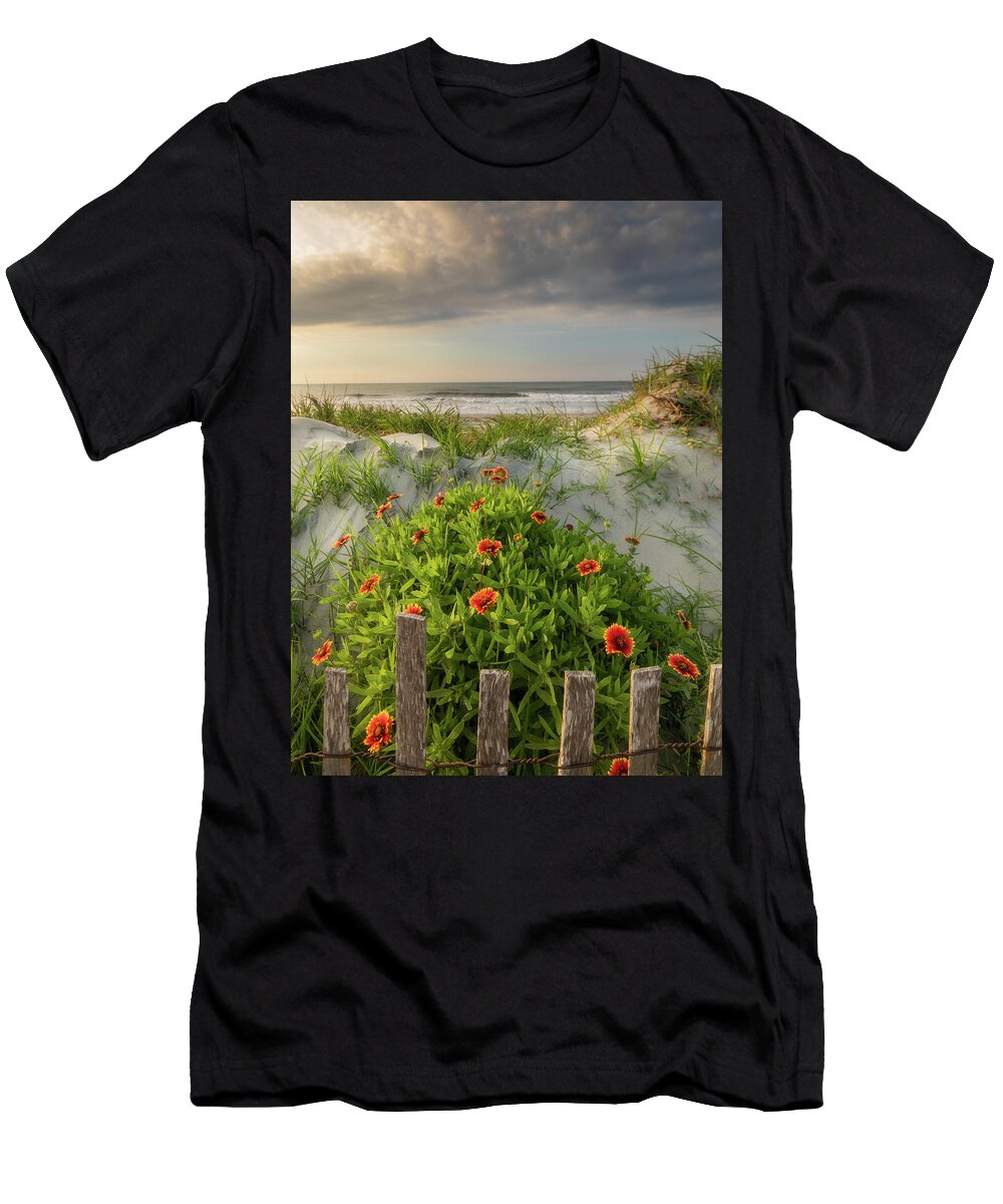 Folly Beach T-Shirt featuring the photograph Fence and Flowers Folly Beach by Donnie Whitaker