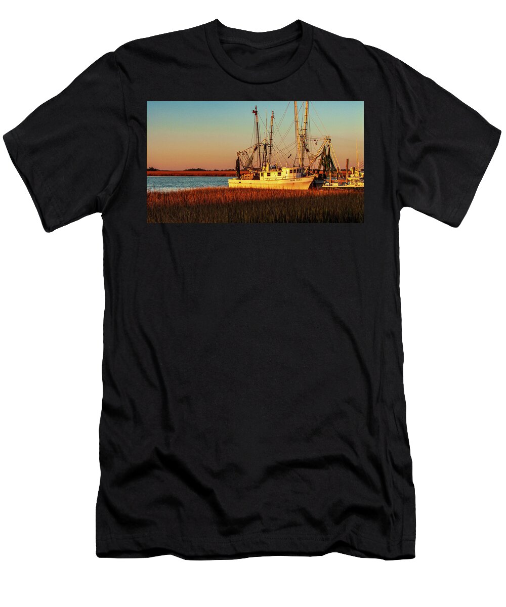 Boat T-Shirt featuring the photograph Fishing Boat at Sunrise by Louis Dallara