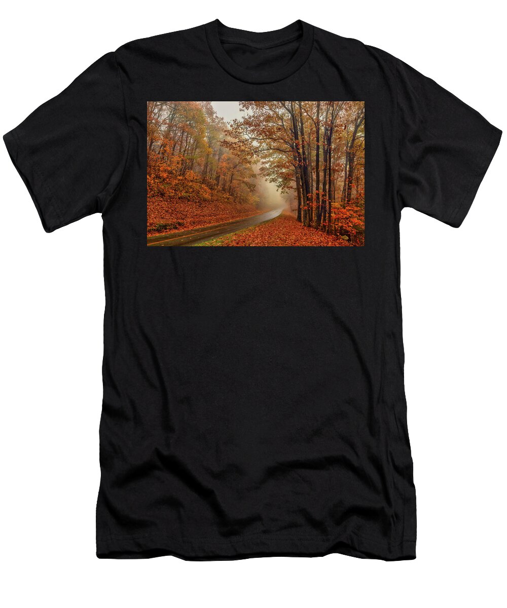 Autumn T-Shirt featuring the photograph Foggy Autumn Parkway by Dan Carmichael