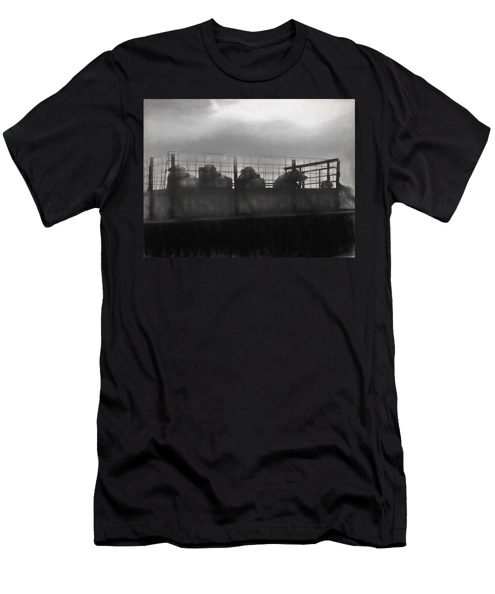 Portrait T-Shirt featuring the mixed media Foggy Martins Barge Winton Wetlands by Joan Stratton