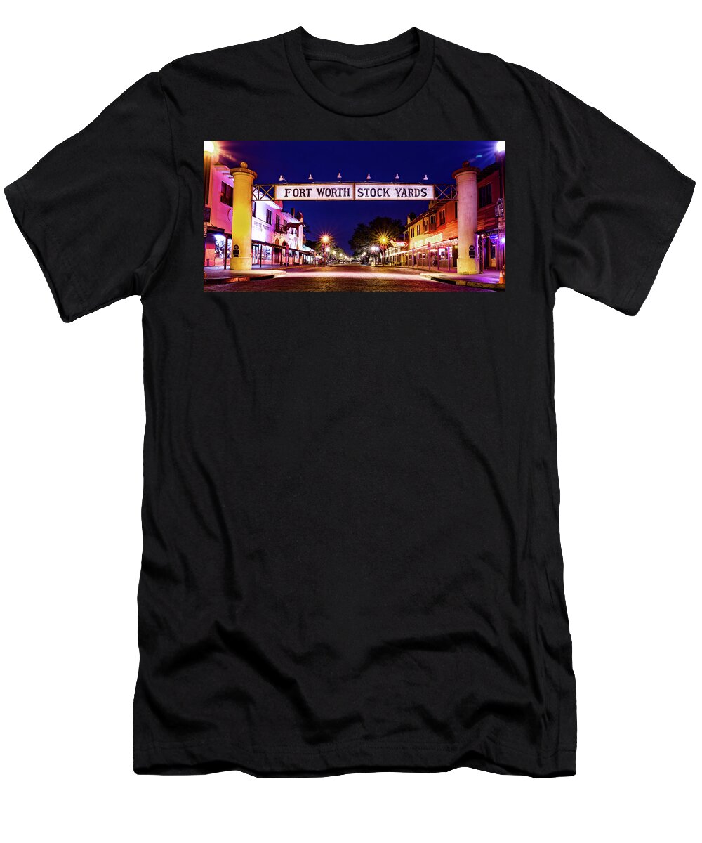 Fort Worth T-Shirt featuring the photograph Fort Worth Stockyards Sign And Skyline Panorama by Gregory Ballos