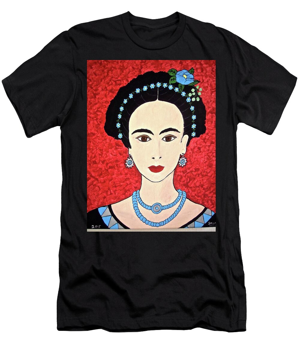 Woman T-Shirt featuring the mixed media Frida with blue flowers by Stephanie Moore
