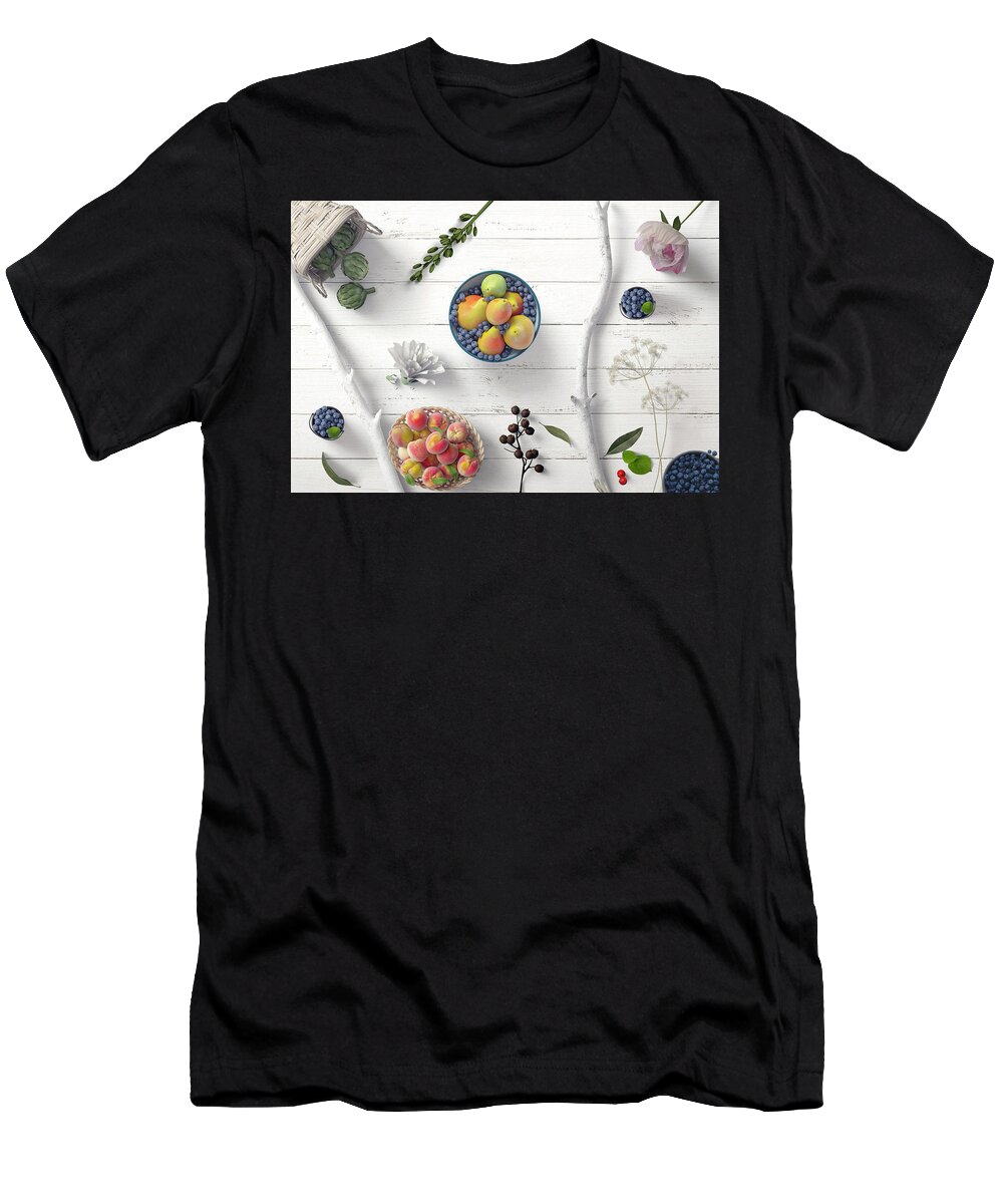 Fruit T-Shirt featuring the photograph Fruit Berries Branches Flowers On White Wood 2 by Johanna Hurmerinta