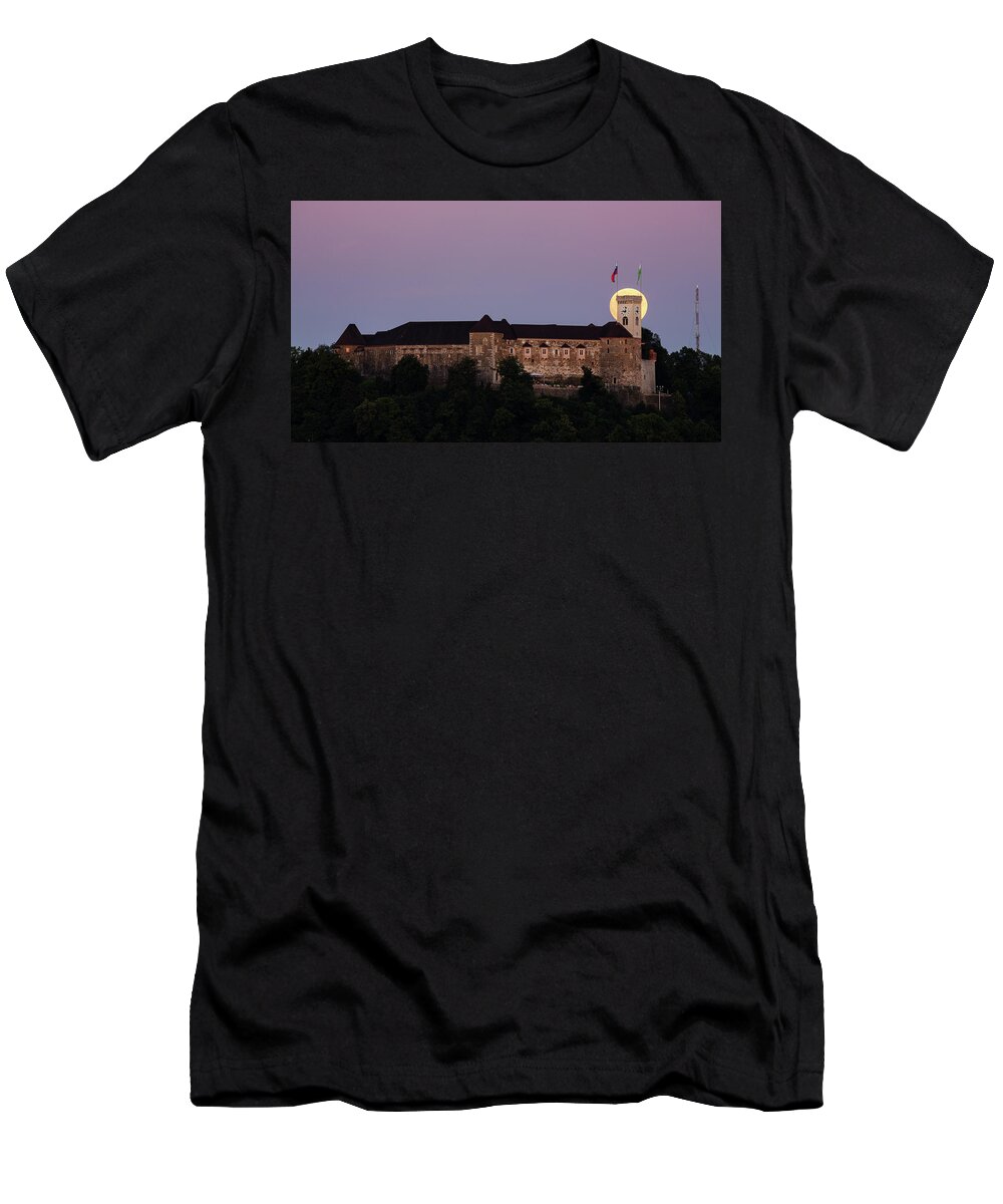 Ljubljana T-Shirt featuring the photograph Full moon behind Ljubljana Castle by Ian Middleton