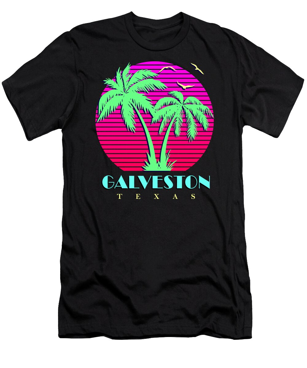 Classic T-Shirt featuring the digital art Galveston Texas Retro Palm Trees Sunsett by Megan Miller