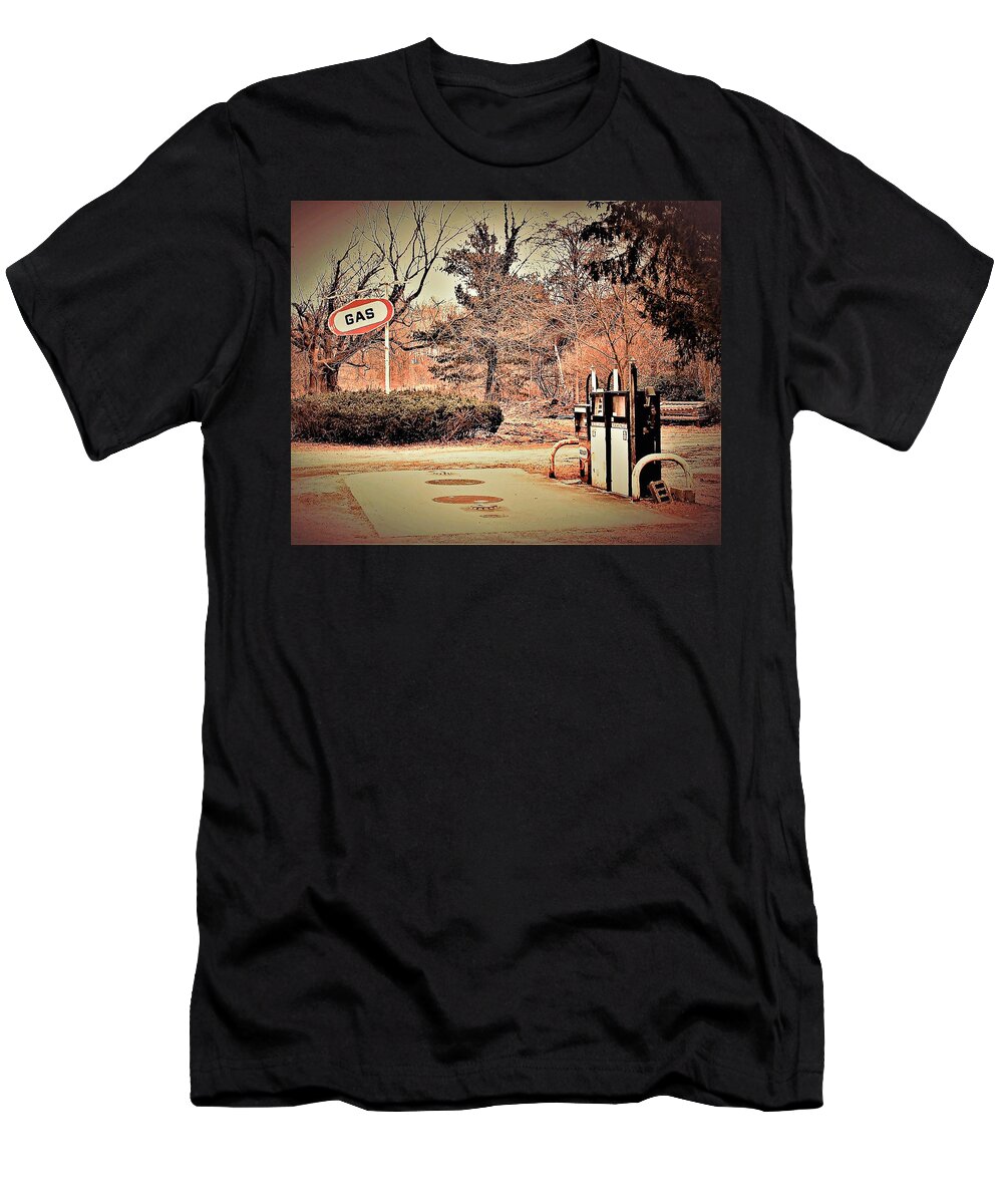 Gas Station Pumps Trees Metal T-Shirt featuring the photograph Gas Station by John Linnemeyer