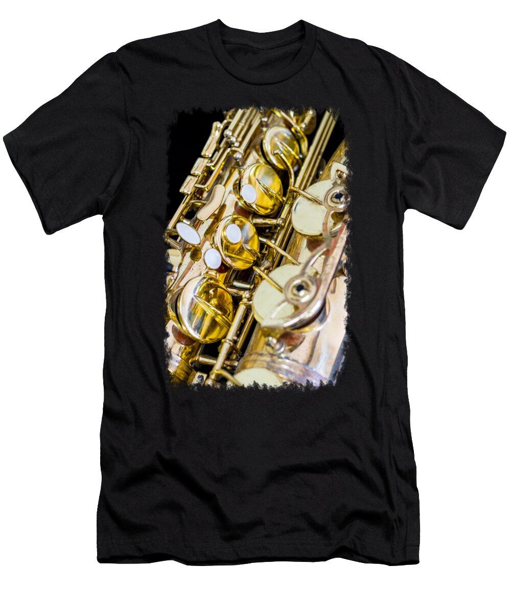Saxophone T-Shirt featuring the photograph Golden Vintage Jazz Saxophone Close Up by Andreea Eva Herczegh