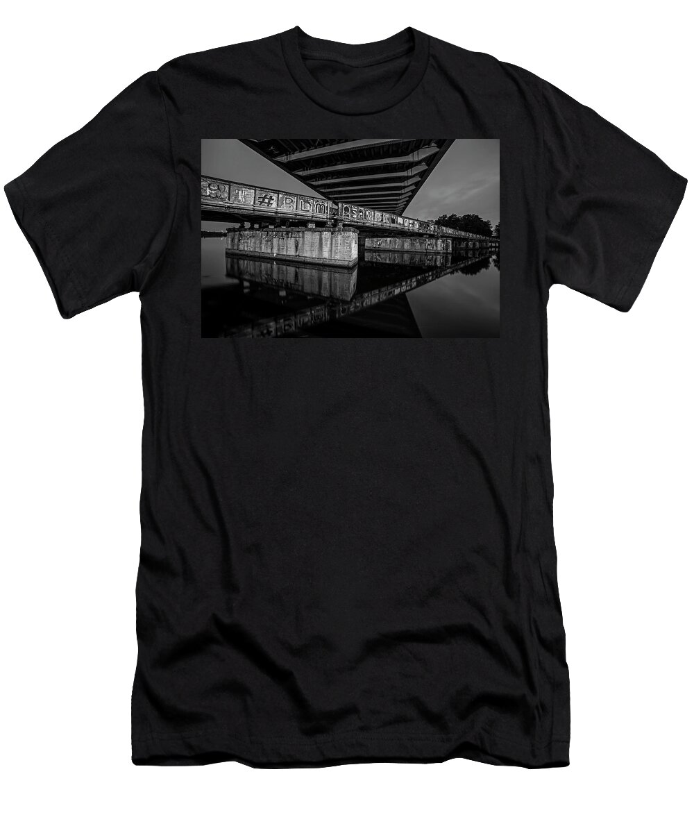 Boston T-Shirt featuring the photograph Graffiti Under the BU Bridge Boston MA Charles River Reflection Black and White by Toby McGuire
