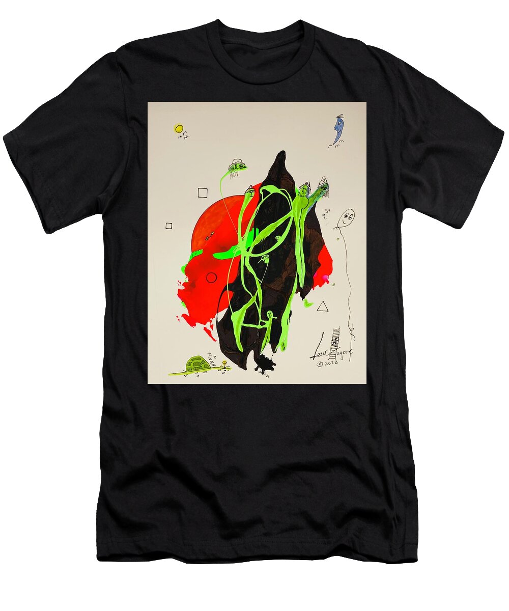  T-Shirt featuring the mixed media Green Faces on Black and Red 11149 by Lew Hagood