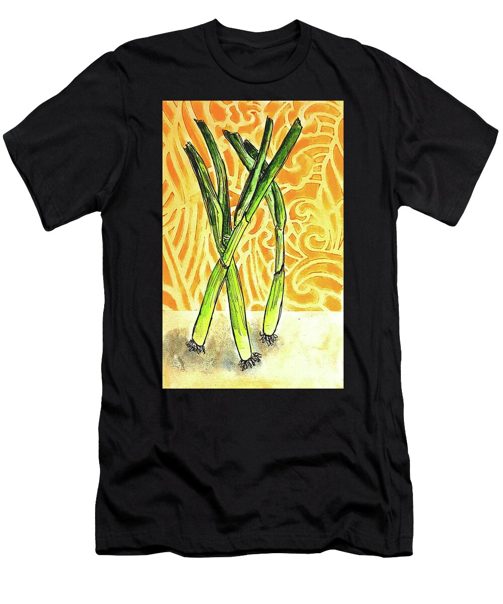Food Art T-Shirt featuring the painting Green Onions Rocking Out by Patricia Kilian