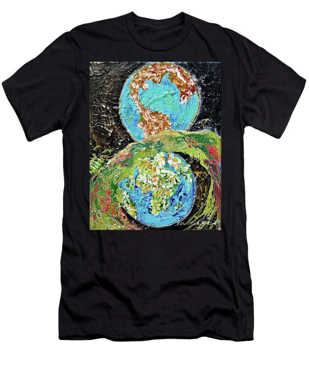 Wall Art T-Shirt featuring the painting Haloing Earth - Vertical by Ellen Palestrant