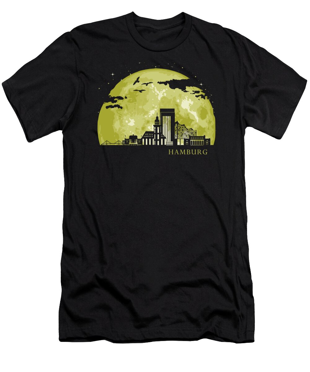 Deutchland T-Shirt featuring the digital art HAMBURG Moon Light Night Stars Skyline by Filip Schpindel