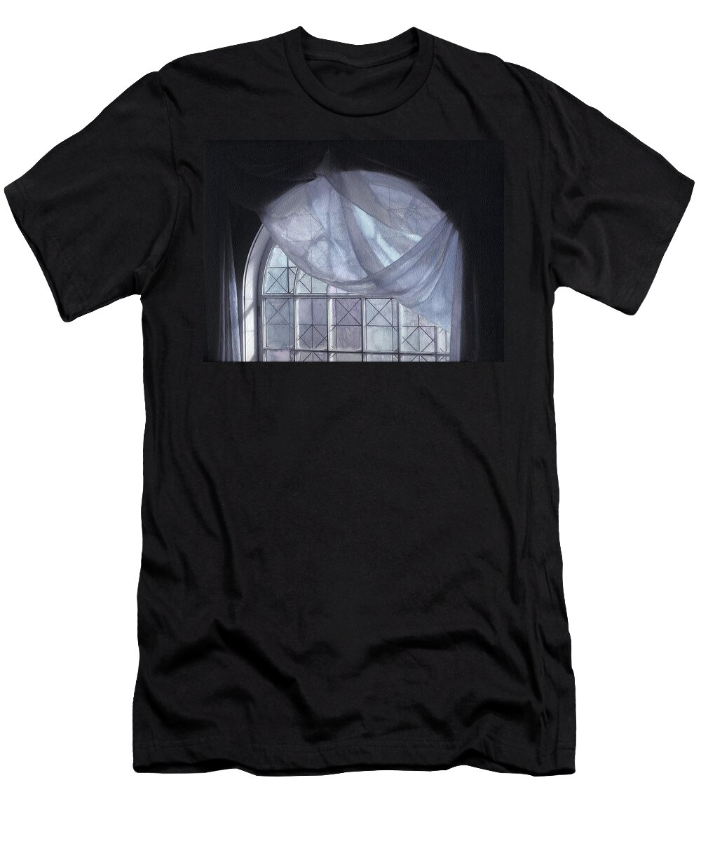 Blue T-Shirt featuring the photograph Hand-painted Blue Curtain in an Arch Window by Wayne King