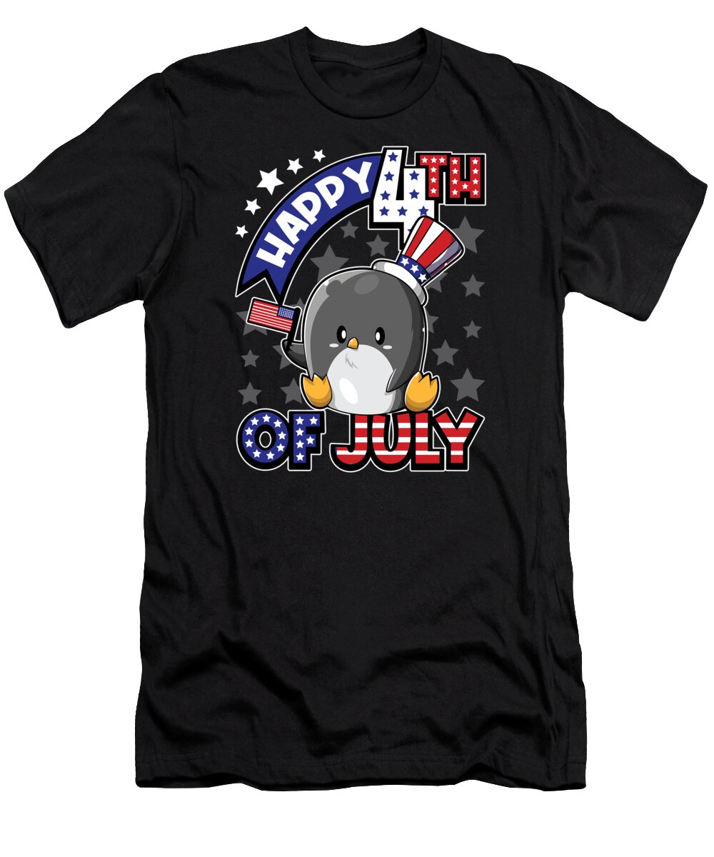 4th Of July T-Shirt featuring the digital art Happy Fourth Of July Penguin USA Flag by Mister Tee
