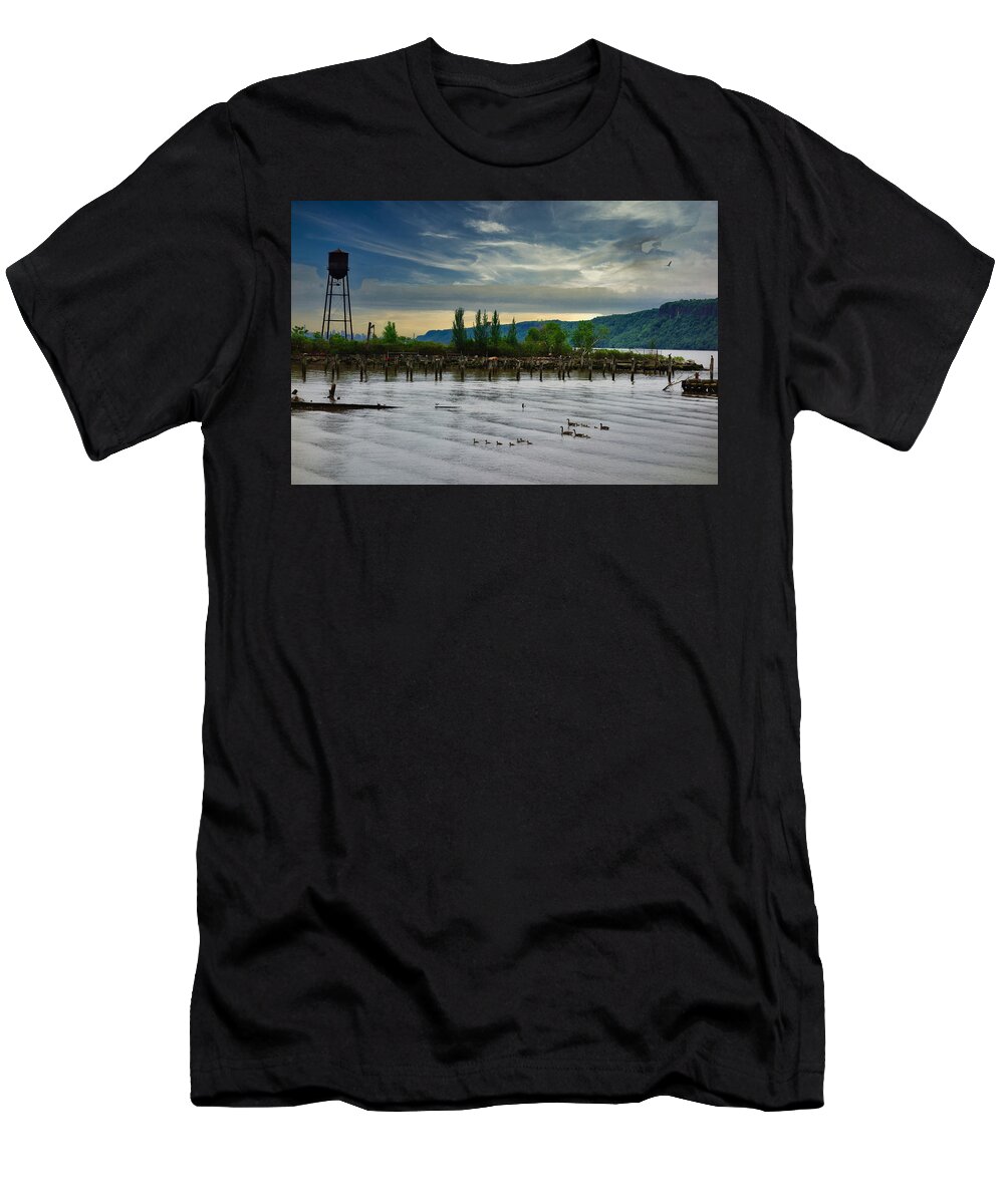 Hudson T-Shirt featuring the photograph Hastings on Hudson Water Tower Ducks and Eagle by Russ Considine