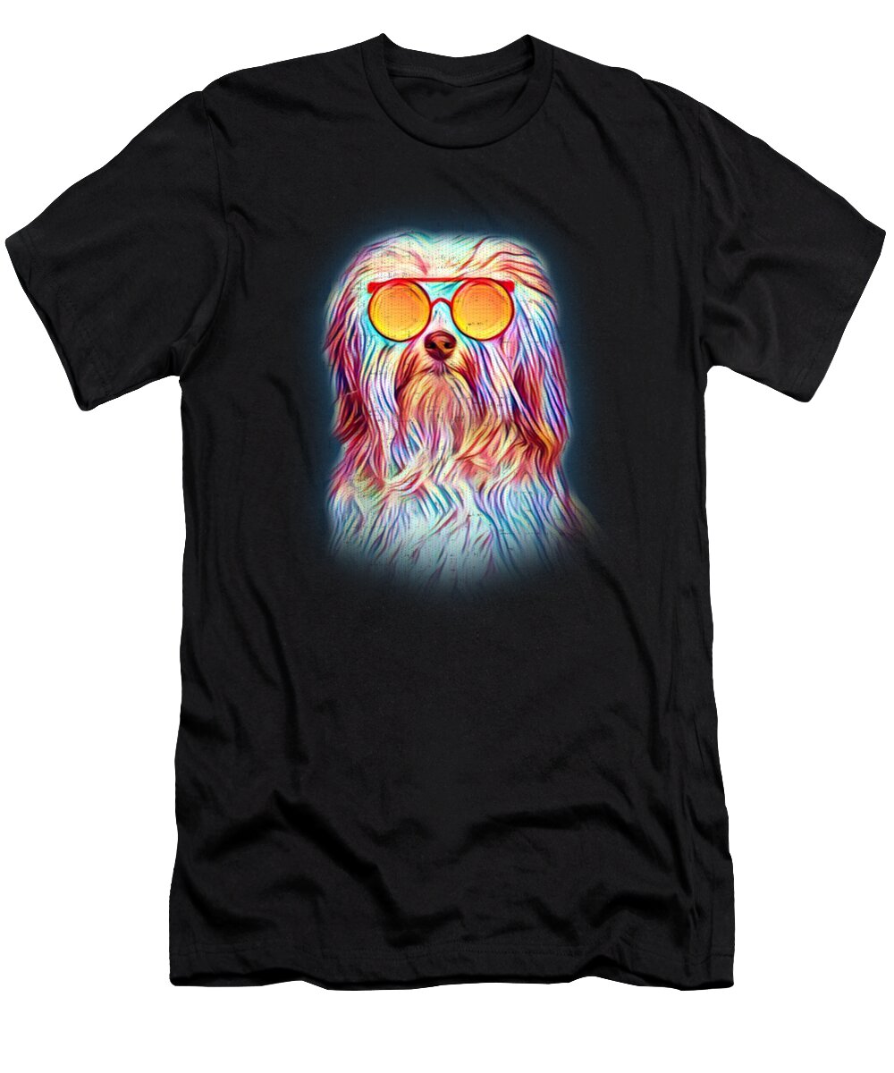 Havanese Gifts T-Shirt featuring the digital art Havanese Neon Dog Sunglasses by Jacob Zelazny