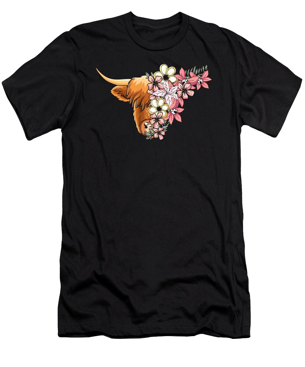 Highland Cattle T-Shirt featuring the digital art Highland Cattle with Flowers by Joyce W