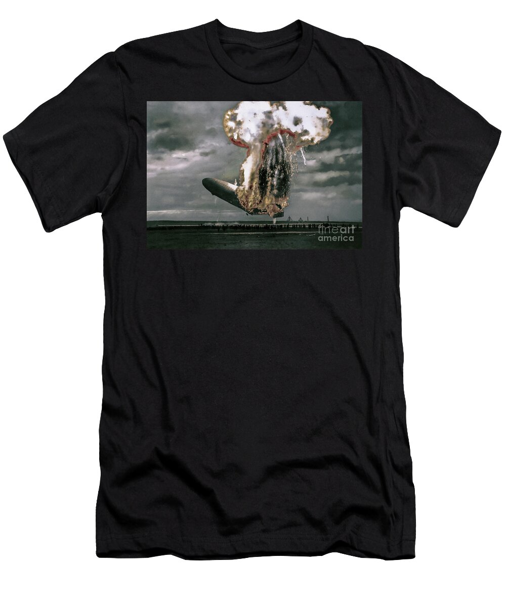 Hindenburg Zeppelin New Jersey Airship Planes Naval Air Fire Explosion Dirigible Vintage Transportation Deutschland Germany Lightning Flames Gas Big Photo Colorization Colorized T-Shirt featuring the photograph Hindenburg Disaster Colorization by Franchi Torres