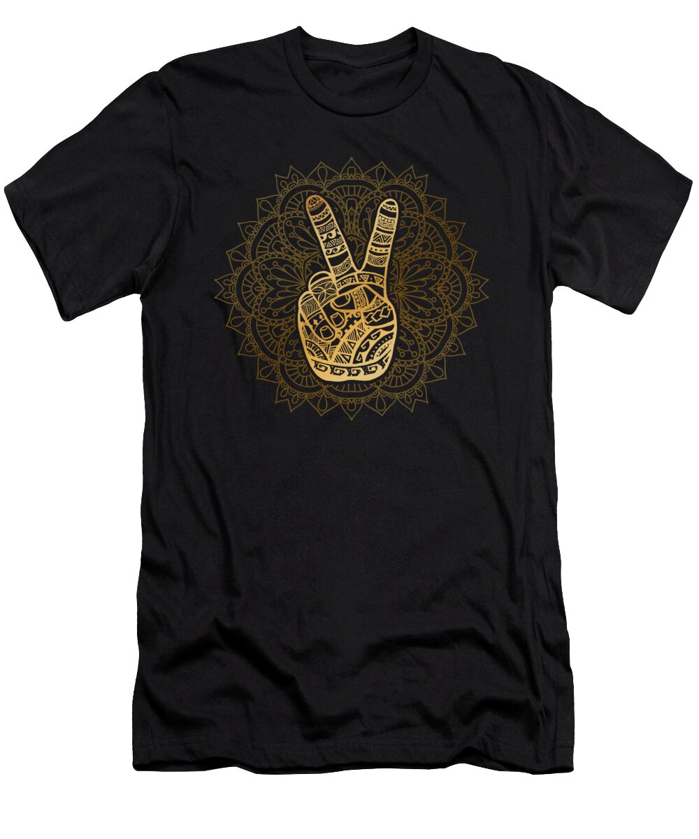 Hippie T-Shirt featuring the digital art Hippie Boho Golden Peace Sign Mandala by Laura Ostrowski