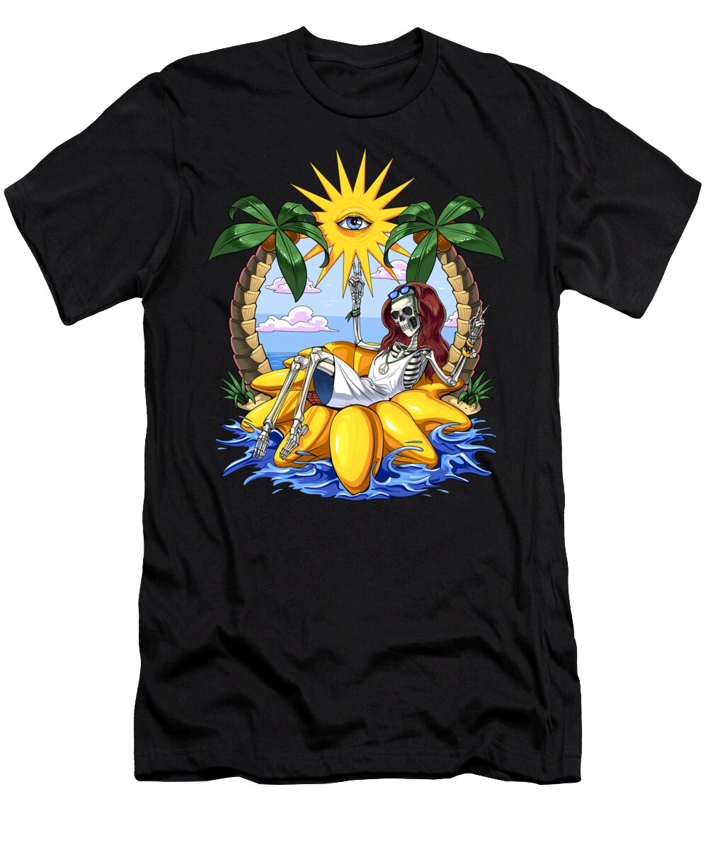 Summer T-Shirt featuring the digital art Hippie Skeleton Beach by Nikolay Todorov