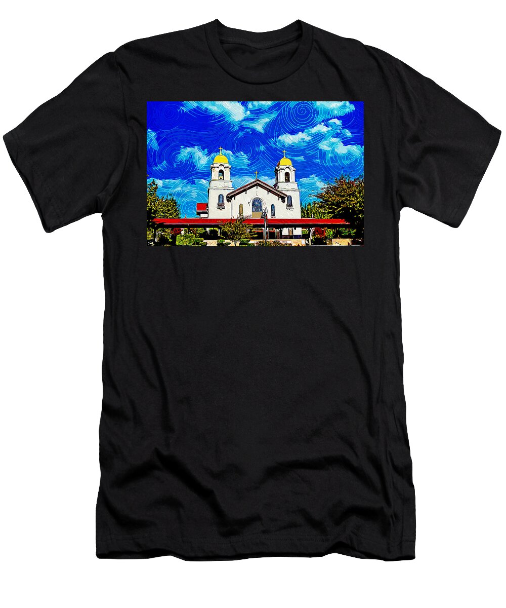 Holy Spirit Church T-Shirt featuring the digital art Holy Spirit Church in Fremont, California - impressionist painting by Nicko Prints