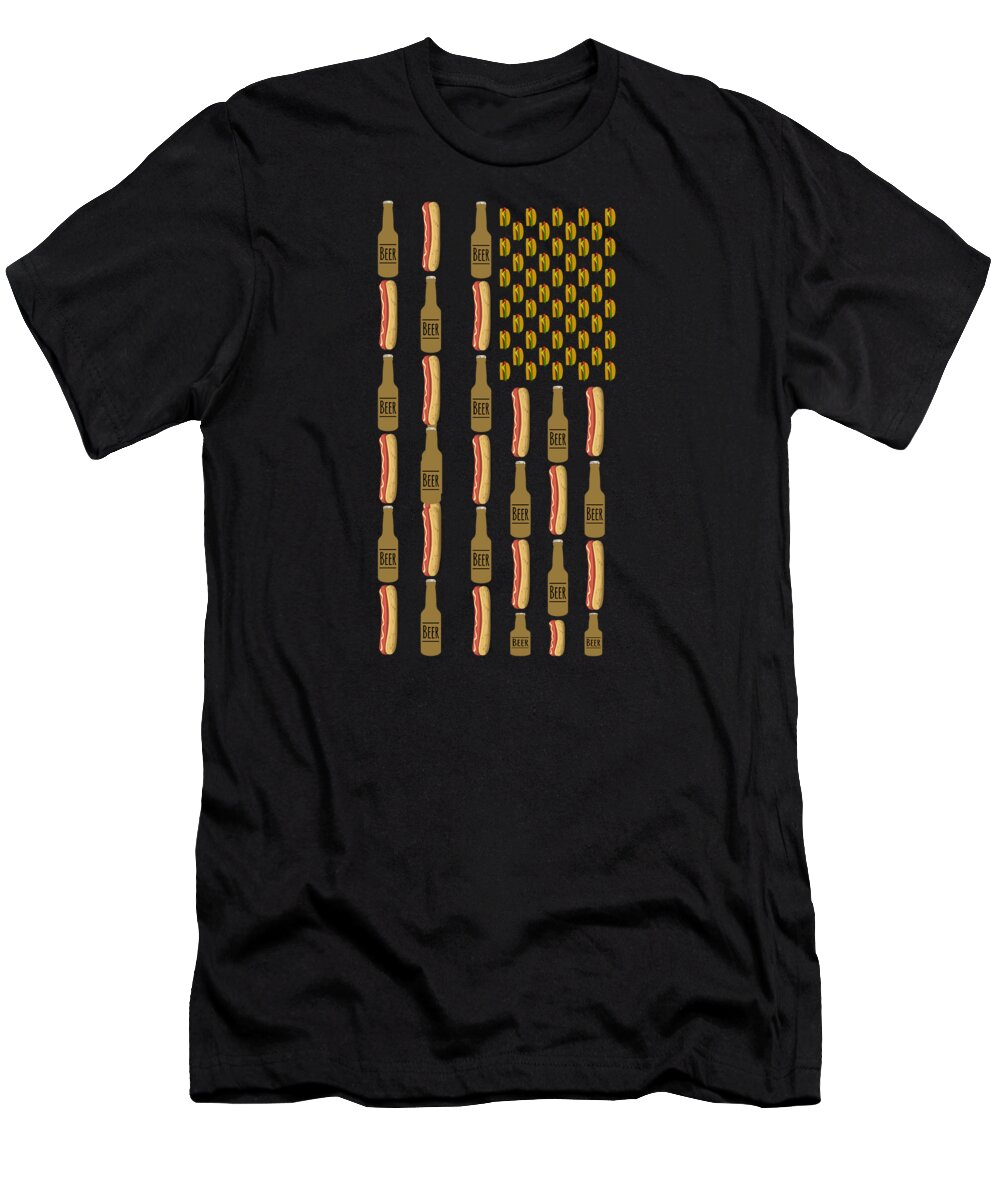 Funny T-Shirt featuring the digital art Hot Dogs Beer Flag 4th of July by Flippin Sweet Gear