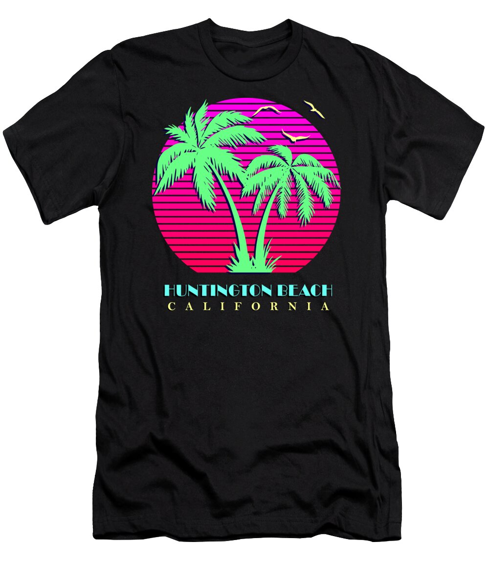California T-Shirt featuring the digital art Huntington Beach California Retro Palm Trees Sunset by Filip Schpindel