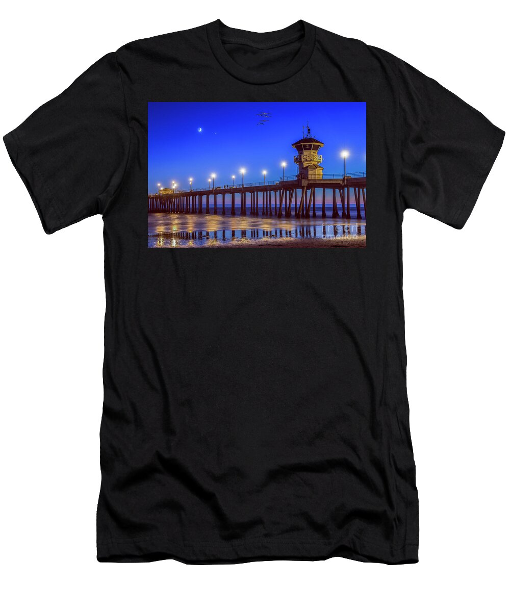 Huntington Beach T-Shirt featuring the photograph Huntington Beach Pier Night Moon by David Zanzinger