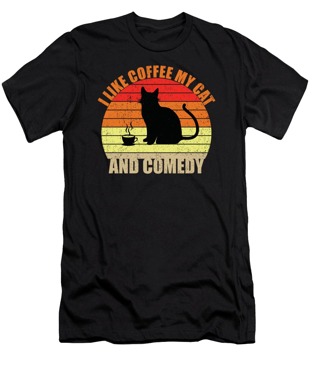 Black Cat T-Shirt featuring the digital art I like Coffee My Cat and Comedy by Me