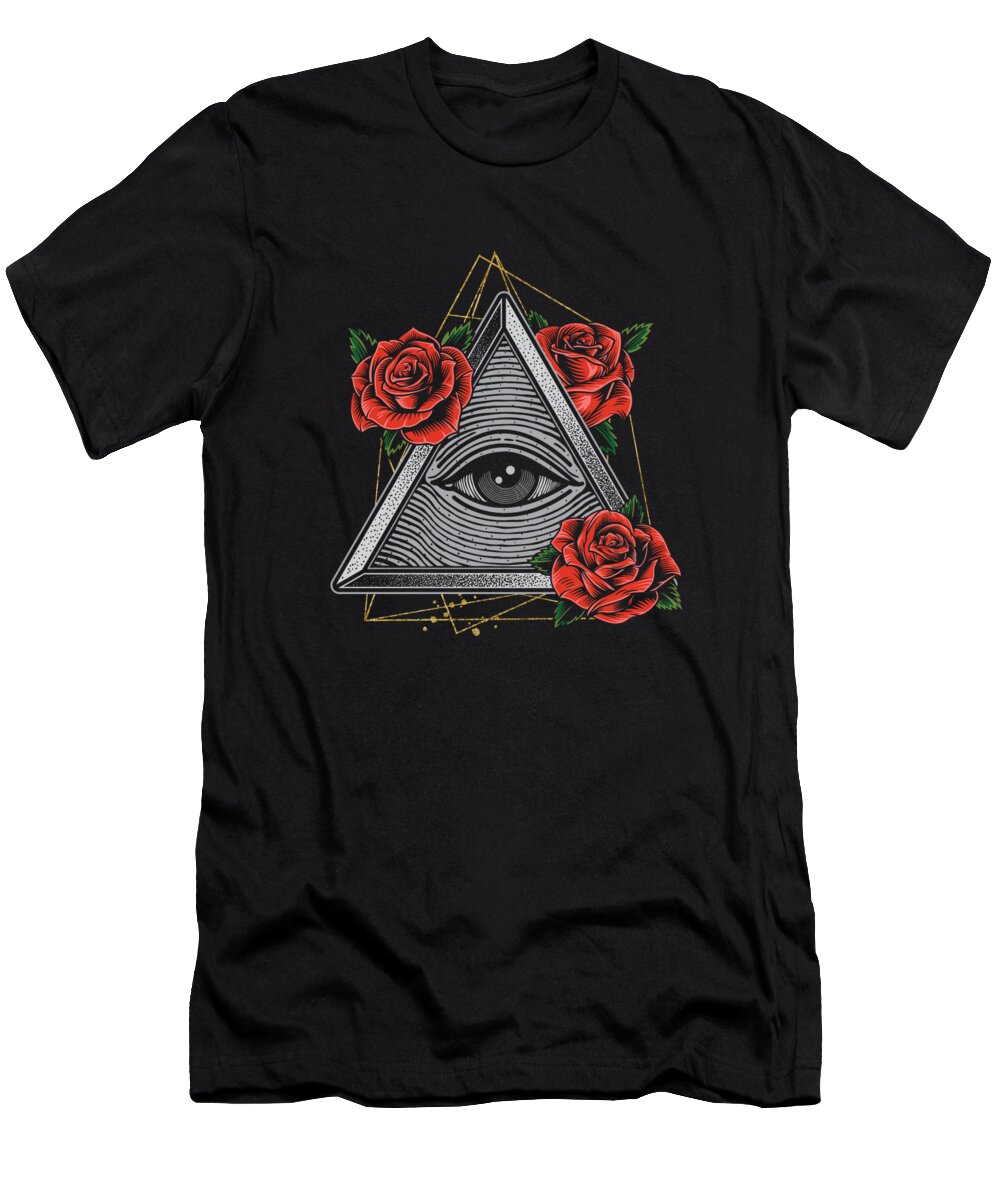 Illuminati T-Shirt featuring the digital art Illuminati Triangle Masonic Pyramid Floral Conspiracy Gift by Thomas Larch