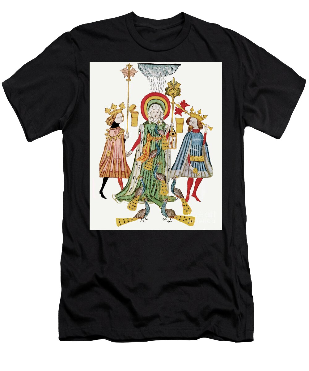 Iris And The Seven Peacocks - 15th Century T-Shirt featuring the painting Iris and the Seven Peacocks 15th century by Unknown