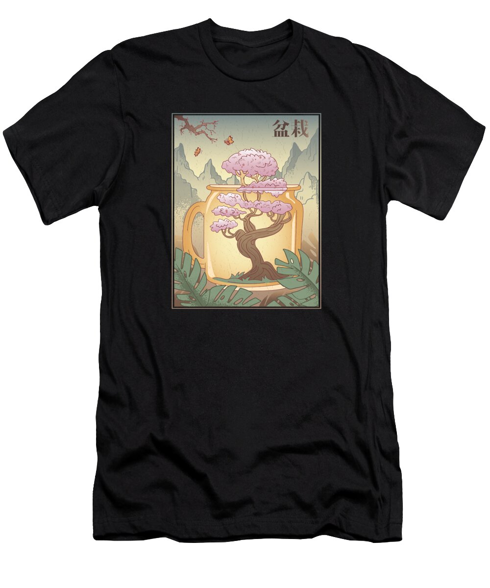 Bonsai T-Shirt featuring the digital art Japanese Bonsai Cherry Tree by Me