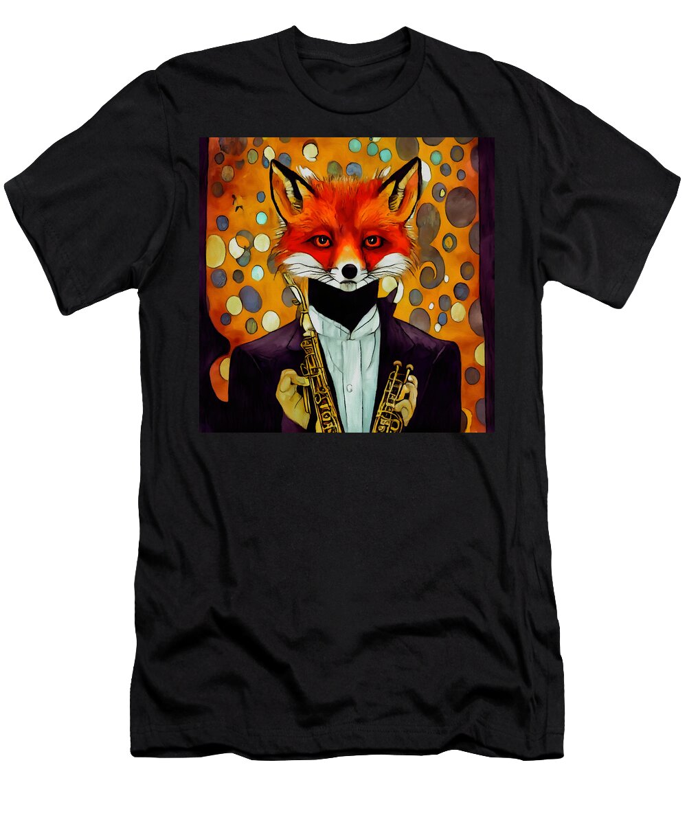 Jazz T-Shirt featuring the mixed media Jazz Noir Mr Fox by Ann Leech