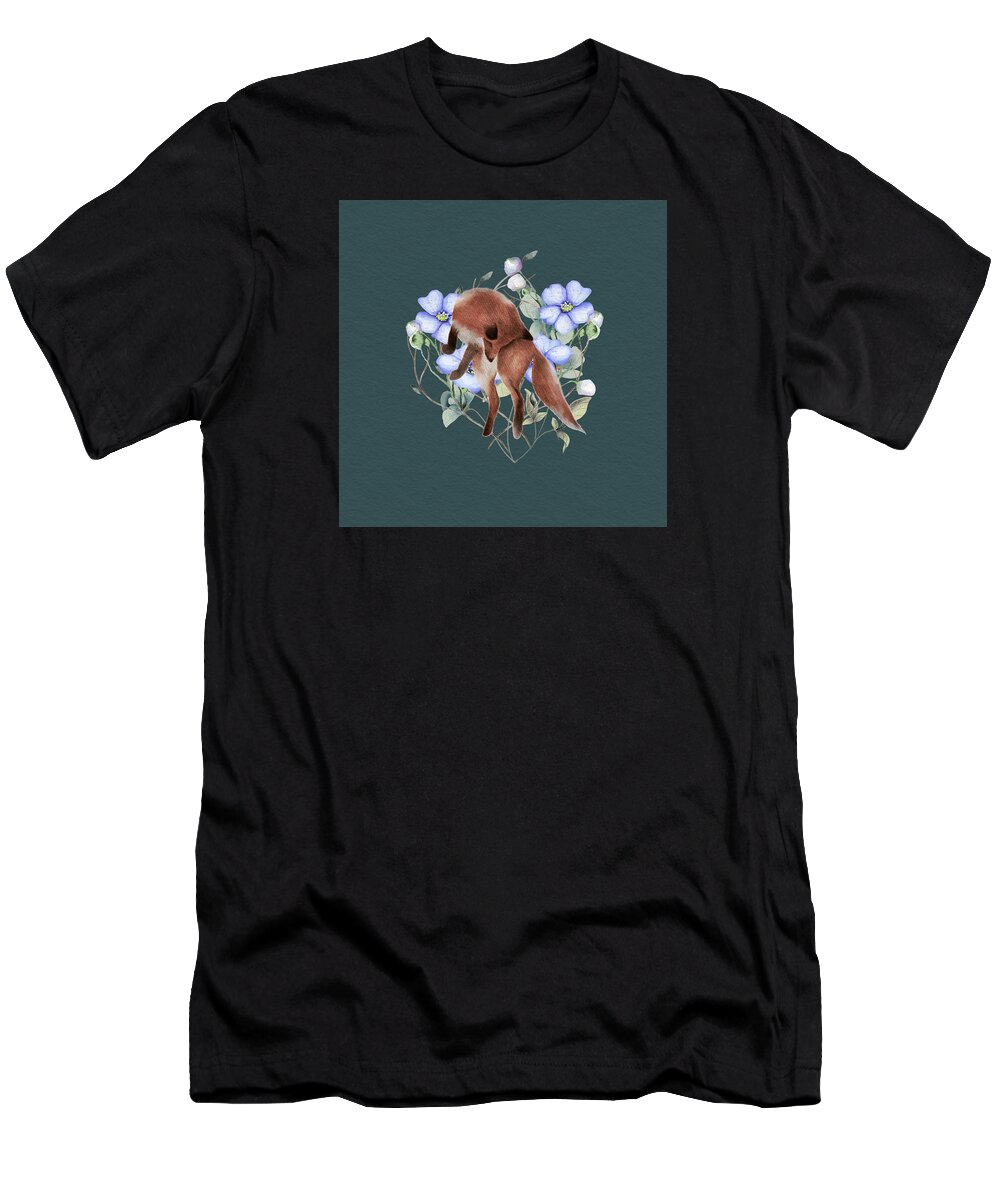 Fox T-Shirt featuring the painting Jumping Fox With Flowers by Garden Of Delights