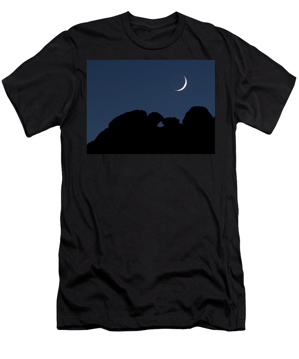 Moon T-Shirt featuring the photograph Kissing Camels Moonset by Bob Falcone