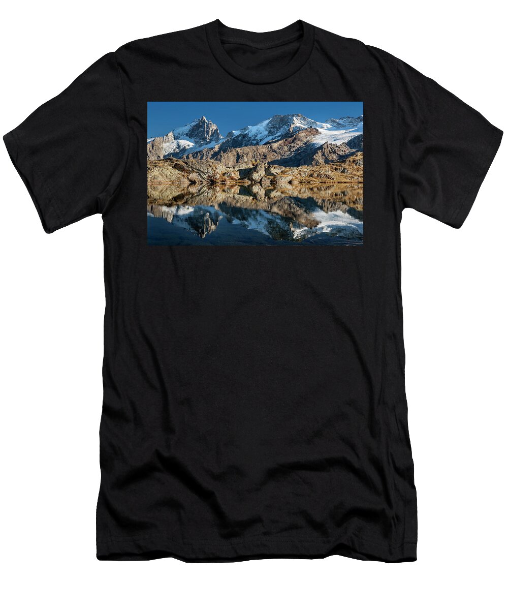 Lake T-Shirt featuring the photograph La Meije peak mirrored in Lake Lerie by Olivier Parent