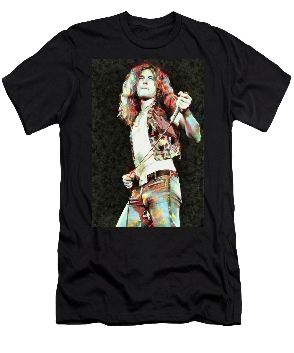 Led Zeppelin T-Shirt featuring the mixed media Led Zeppelin Robert Plant Art Ramble One by The Rocker Chic