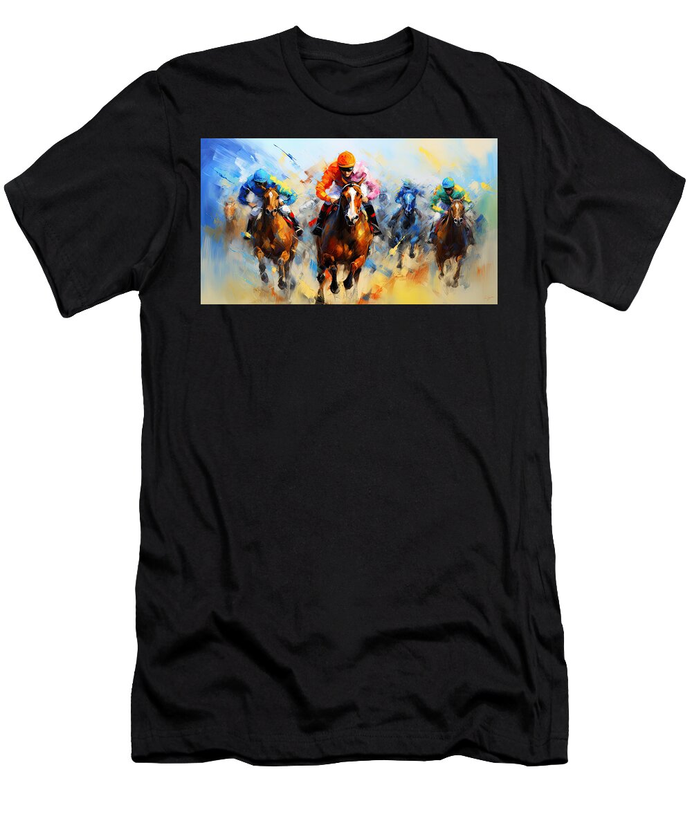 Horse Racing T-Shirt featuring the painting Legacy of Excellence by Lourry Legarde