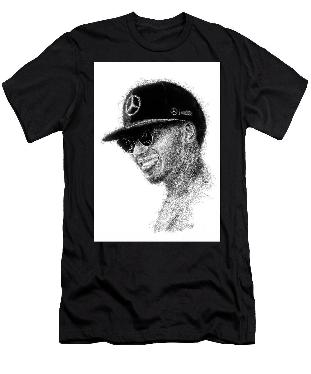 Hand Drawn T-Shirt featuring the drawing Lewis Hamilton scribble style hand drawn portrait by Moospeed Art