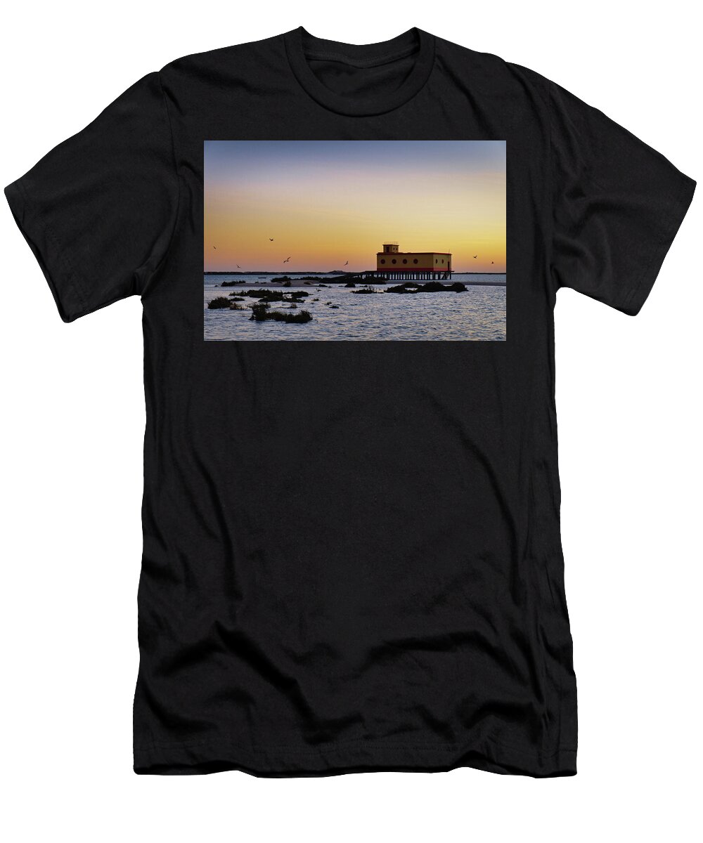 Algarve T-Shirt featuring the photograph Lifesavers building and birds in Fuzeta. Portugal by Angelo DeVal
