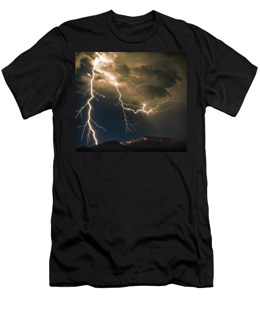 Sedona Arizona Red Rock Monsoon Lightning Storm Photo T-Shirt featuring the photograph Lightning Strike Over Alter Rock by Heber Lopez