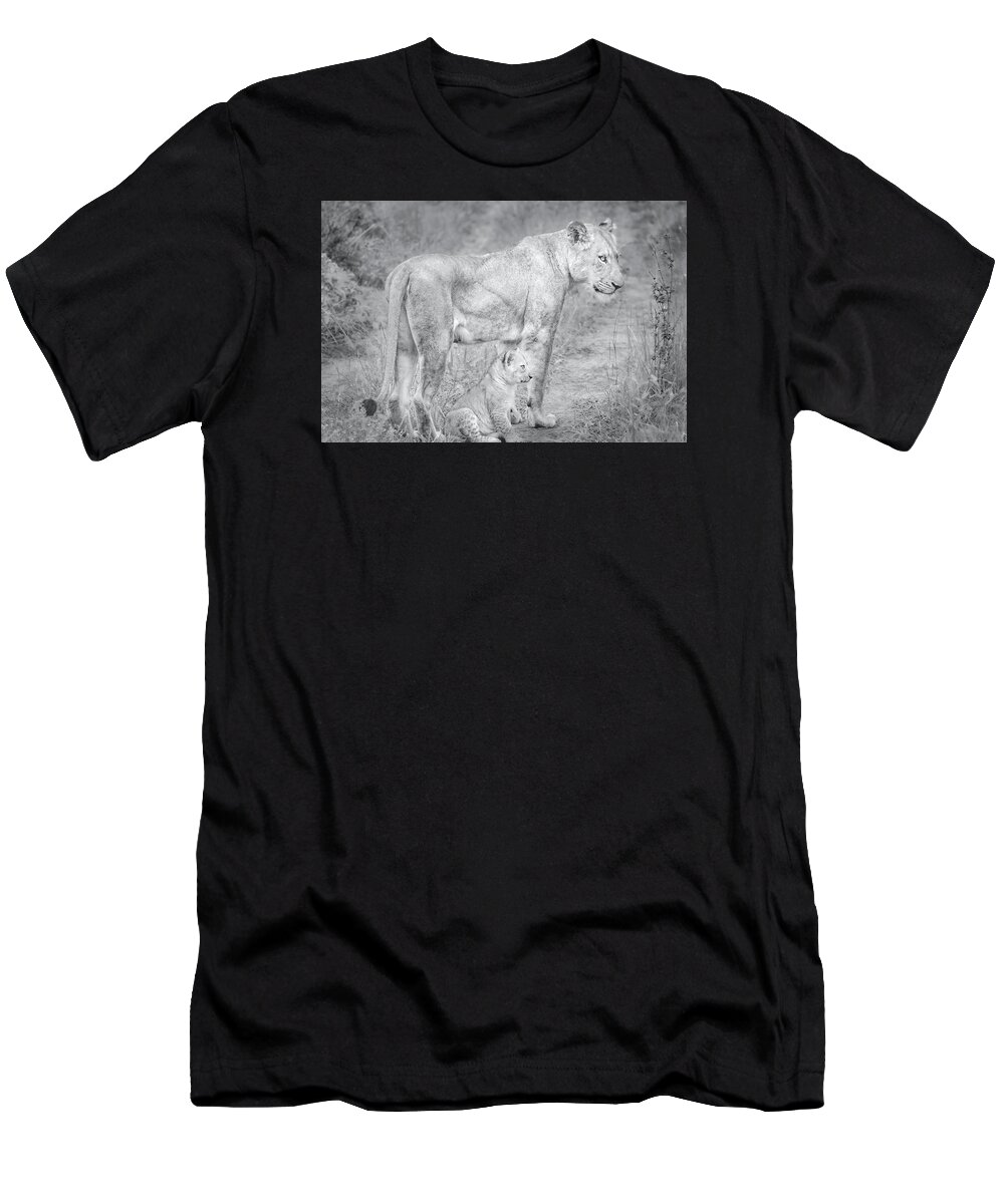 Lions Black And White T-Shirt featuring the photograph Lioness and Cub Near Kruger National Park, on the Sabi Sands Reserve by Rebecca Herranen