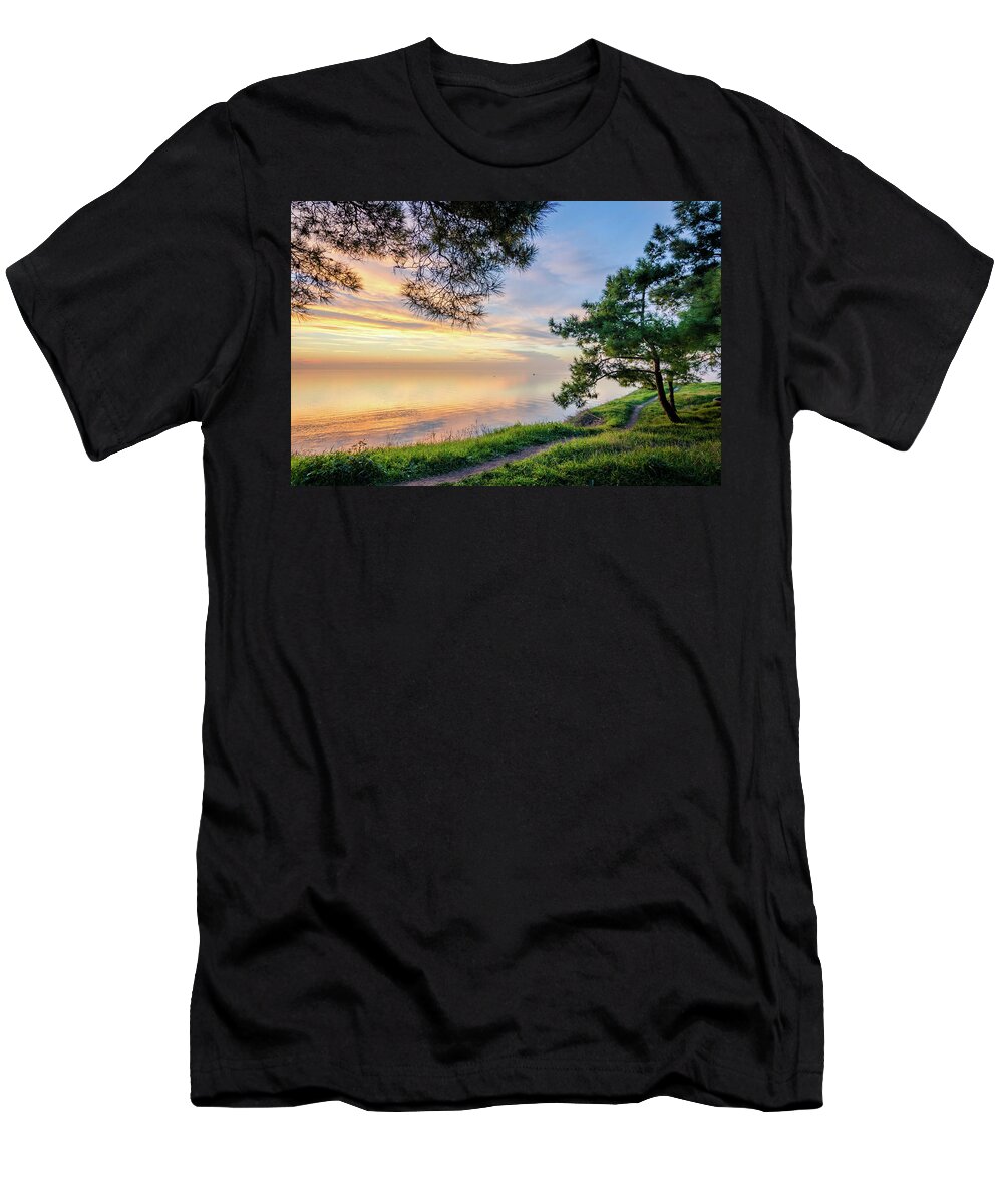 Sunset T-Shirt featuring the photograph Little Path on a Hillside above the Sea at Sunset by Alexios Ntounas