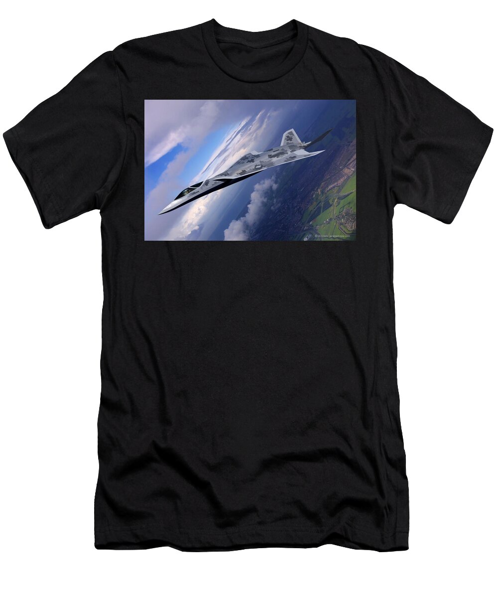 Lmt T-Shirt featuring the digital art Lockheed LMT Raven II Vertical Climb by Custom Aviation Art