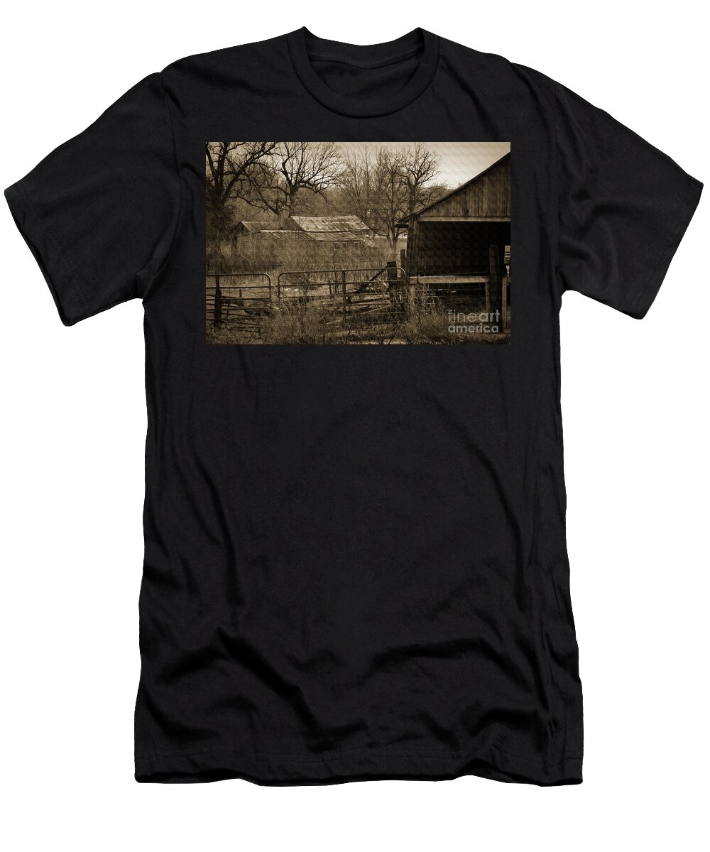 Sepia T-Shirt featuring the digital art Abandoned Farm In Sepia by Kirt Tisdale