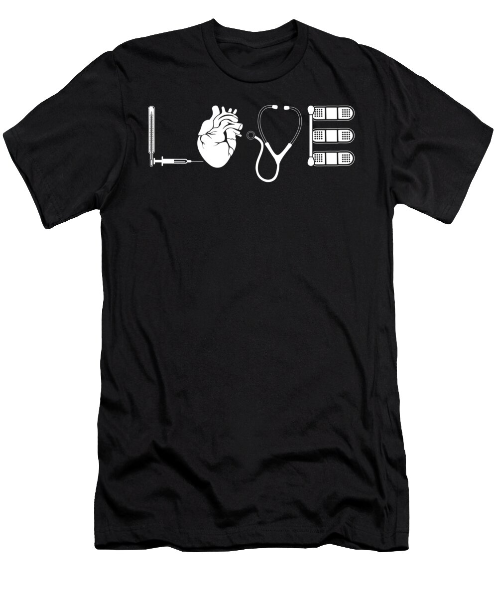 Syringe T-Shirt featuring the digital art Love Doctor Syringe Heart Stethoscope Cotton Swab Bandages by Jacob Zelazny